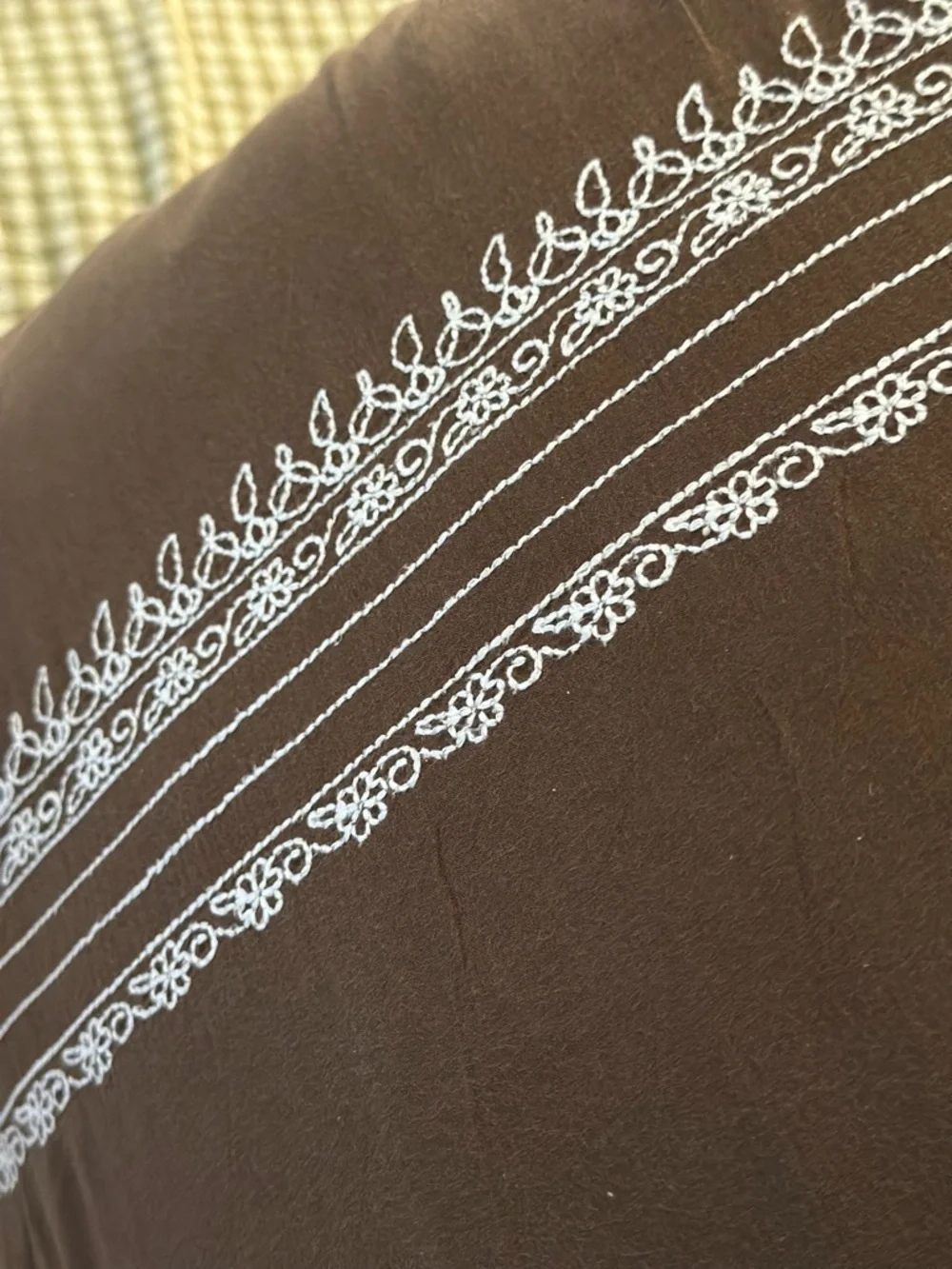 West Elm Embroidered Brown Pillow Sham Pair with White Stitching Trim